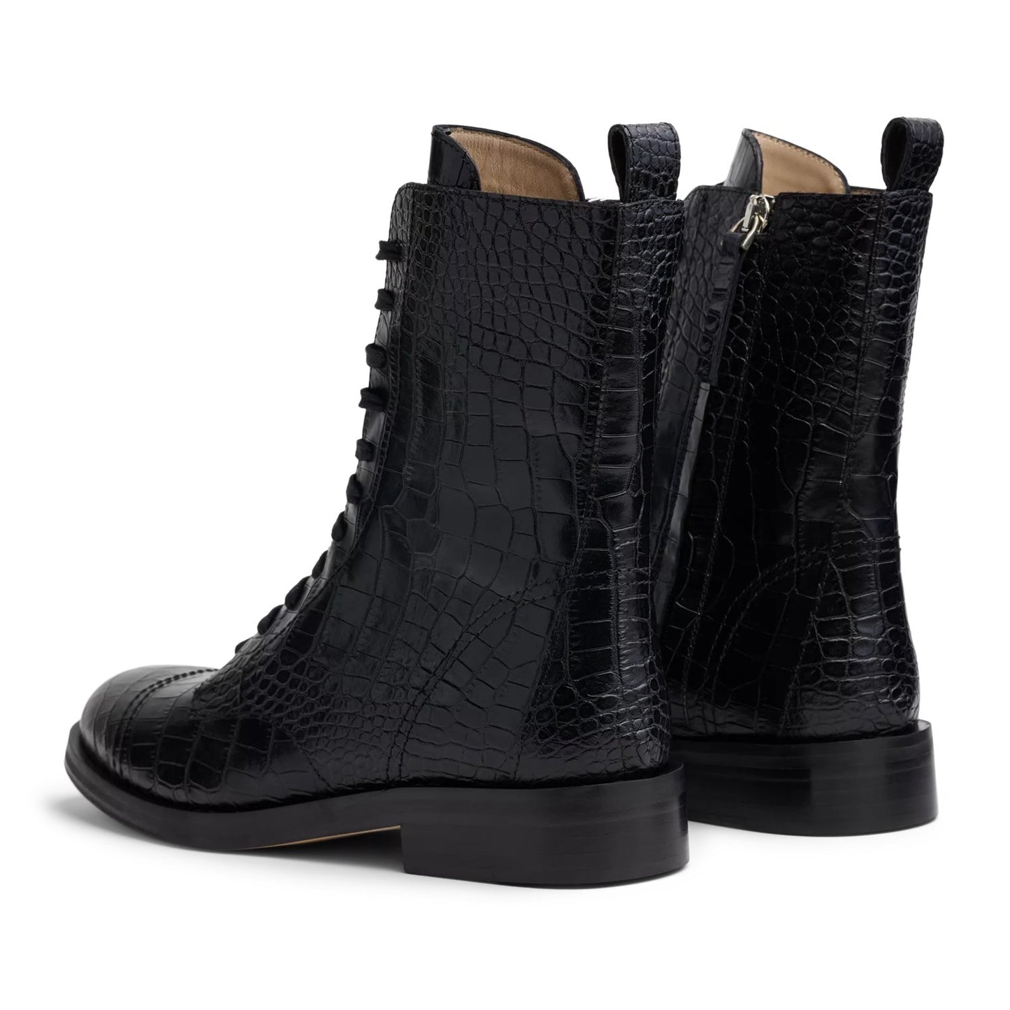 Crocodile-Embossed Leather Captain Lace-Up Boots