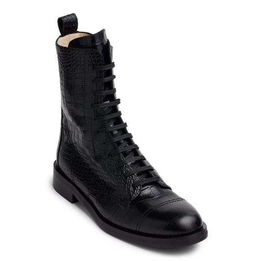 Crocodile-Embossed Leather Captain Lace-Up Boots